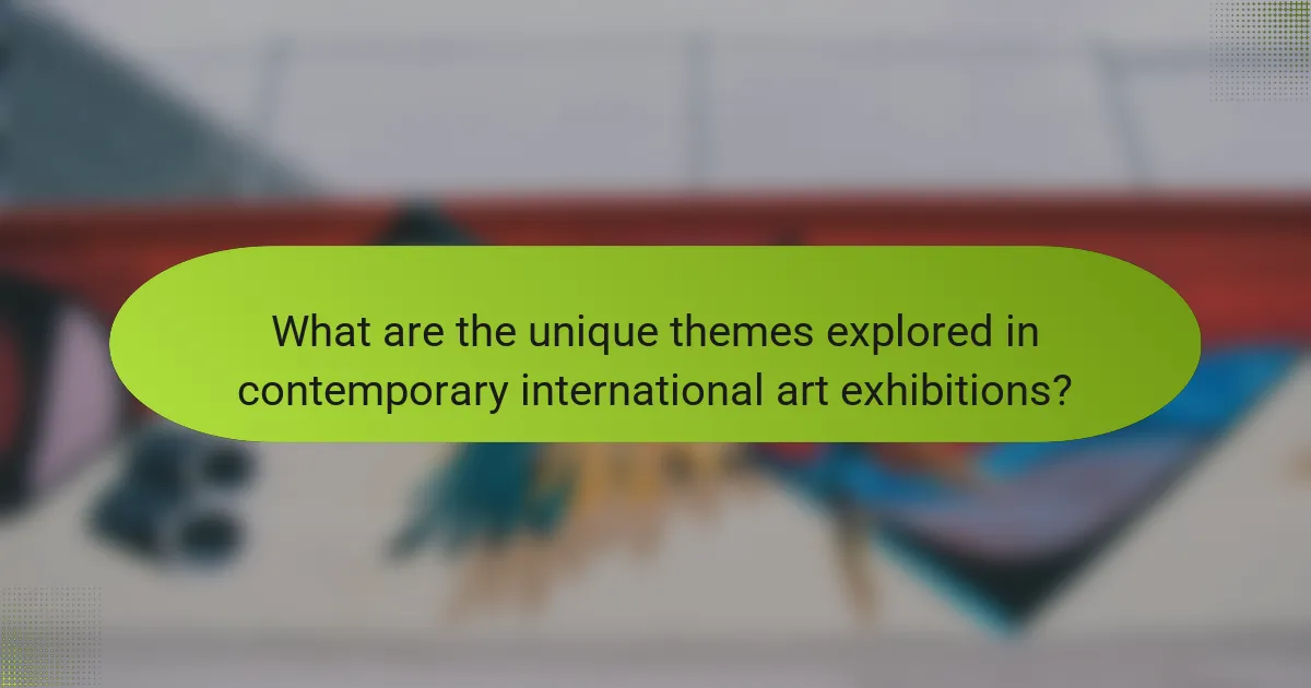 What are the unique themes explored in contemporary international art exhibitions?